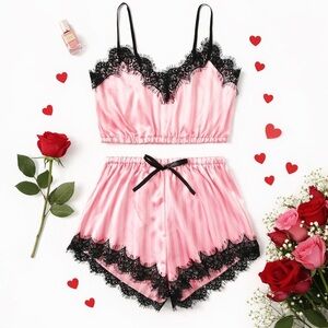 👉 Chic Noir Elegance: Black Lace & Pink Silk Lingerie Pajama Shorts Set
